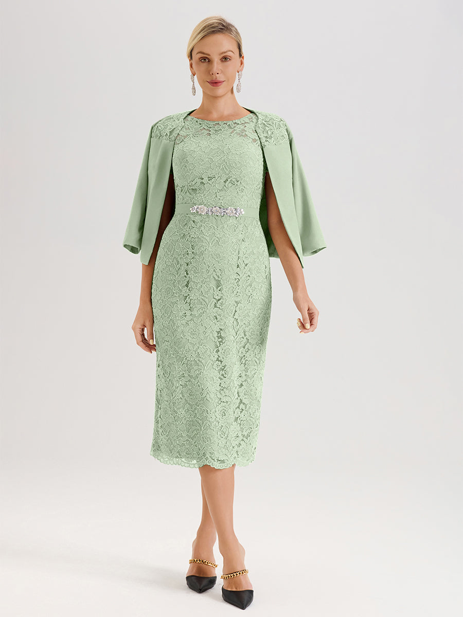 Cicinia Ensemble Vert Sauge Poussiéreux Avec Châle Robe Mère De La Mariée Longueur Mi-Mollet En Mousseline Dentelle Col Rond