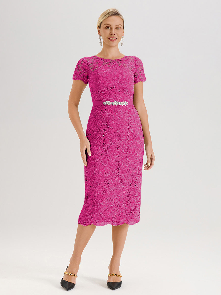Cicinia Ensemble Fuchsia Rose Avec Châle Robe Mère De La Mariée Longueur Mi-Mollet En Mousseline Dentelle Col Rond
