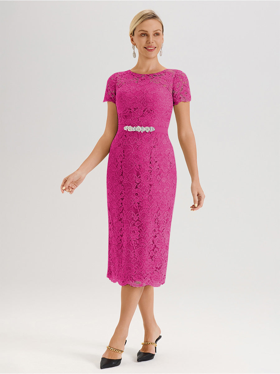 Cicinia Ensemble Fuchsia Rose Avec Châle Robe Mère De La Mariée Longueur Mi-Mollet En Mousseline Dentelle Col Rond
