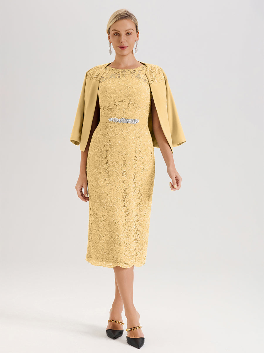 Cicinia Ensemble Couleur Or Avec Châle Robe Mère De La Mariée Longueur Mi-Mollet En Mousseline Dentelle Col Rond