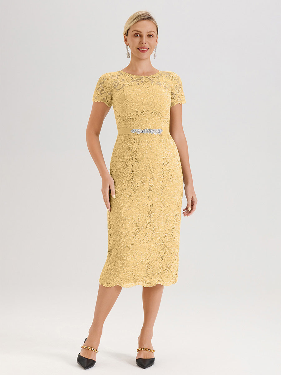 Cicinia Ensemble Couleur Or Avec Châle Robe Mère De La Mariée Longueur Mi-Mollet En Mousseline Dentelle Col Rond