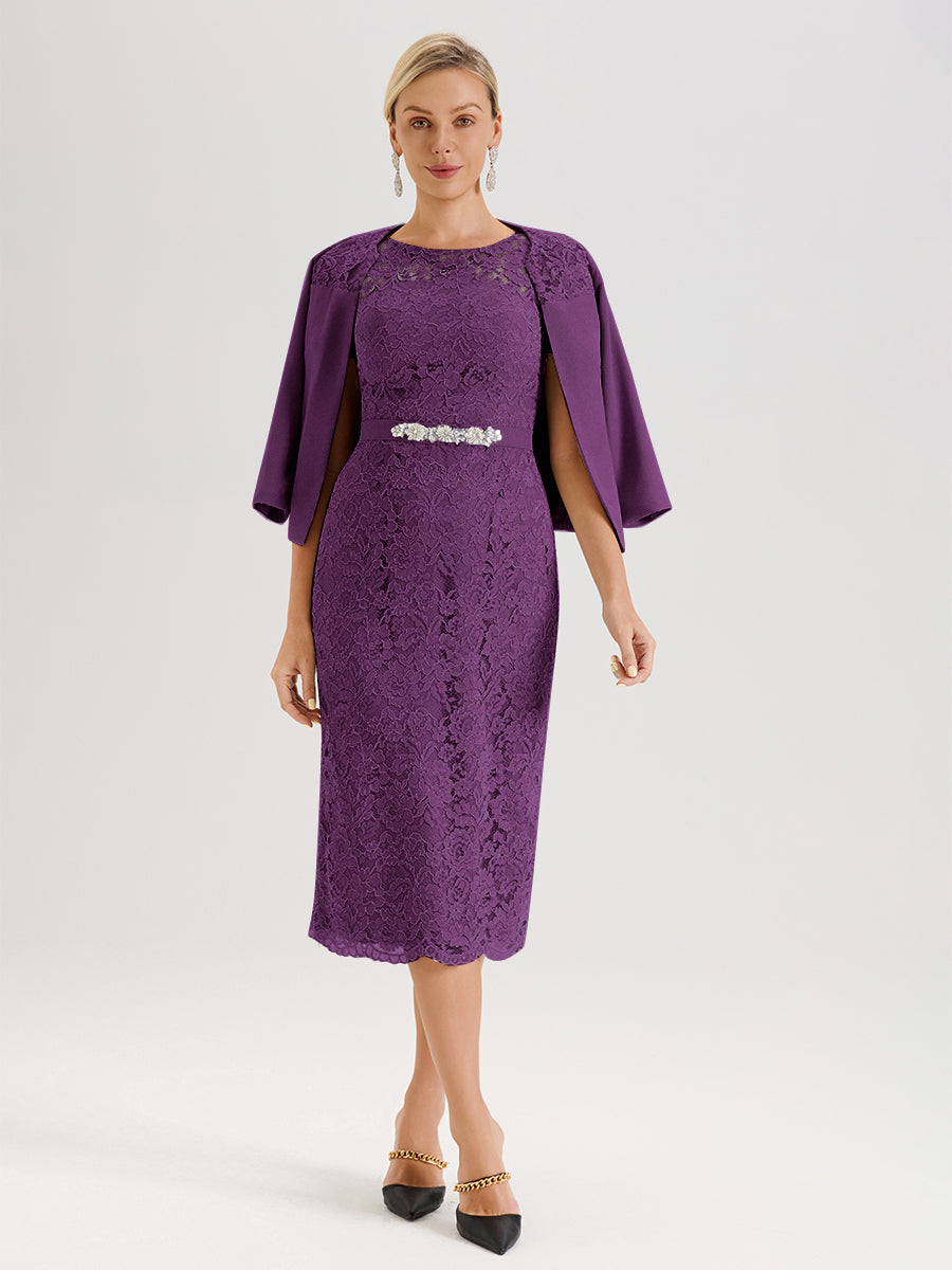 Cicinia Ensemble En Raisin Avec Châle Robe Mère De La Mariée Longueur Mi-Mollet En Mousseline Dentelle Col Rond