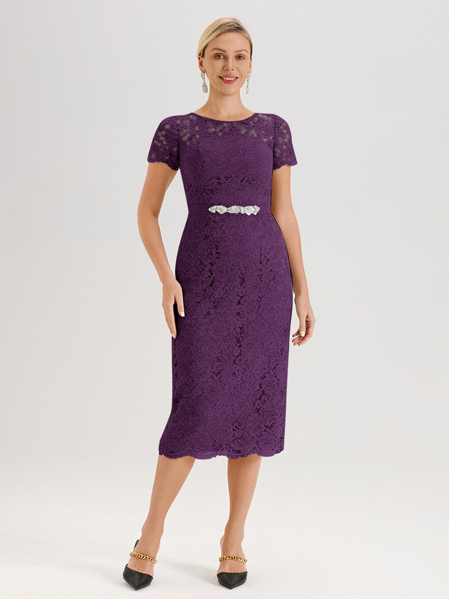 Cicinia Ensemble En Raisin Avec Châle Robe Mère De La Mariée Longueur Mi-Mollet En Mousseline Dentelle Col Rond