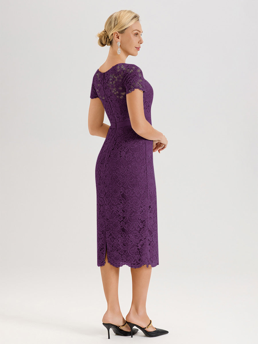 Cicinia Ensemble En Raisin Avec Châle Robe Mère De La Mariée Longueur Mi-Mollet En Mousseline Dentelle Col Rond