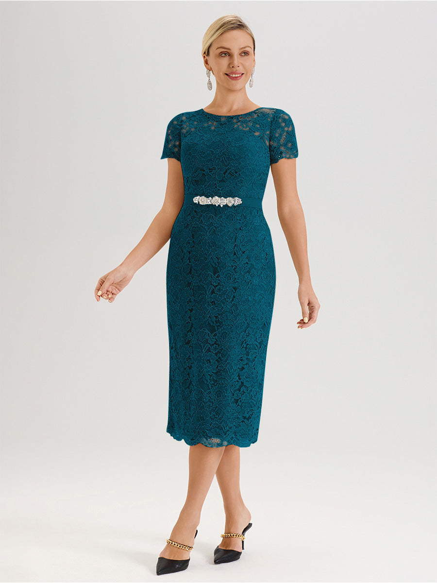 Cicinia Ensemble Bleu Encre Avec Châle Robe Mère De La Mariée Longueur Mi-Mollet En Mousseline Dentelle Col Rond