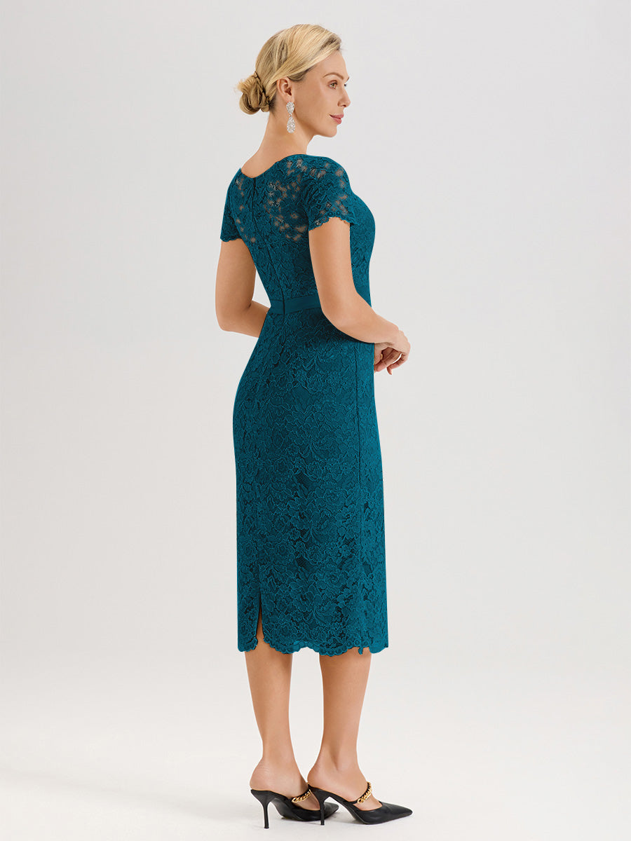 Cicinia Ensemble Bleu Encre Avec Châle Robe Mère De La Mariée Longueur Mi-Mollet En Mousseline Dentelle Col Rond