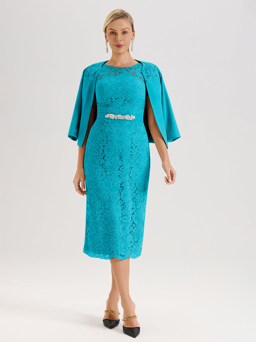 Cicinia Ensemble Jade Avec Châle Robe Mère De La Mariée Longueur Mi-Mollet En Mousseline Dentelle Col Rond