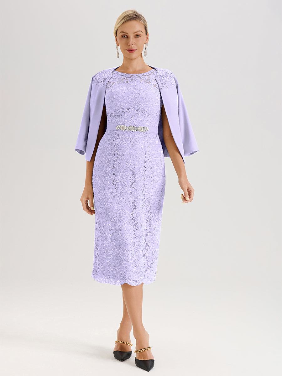 Cicinia Ensemble Lilas Avec Châle Robe Mère De La Mariée Longueur Mi-Mollet En Mousseline Dentelle Col Rond