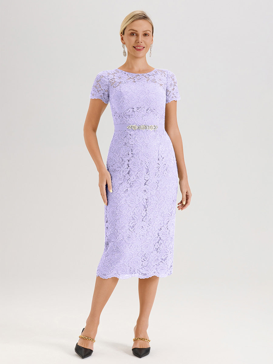 Cicinia Ensemble Lilas Avec Châle Robe Mère De La Mariée Longueur Mi-Mollet En Mousseline Dentelle Col Rond