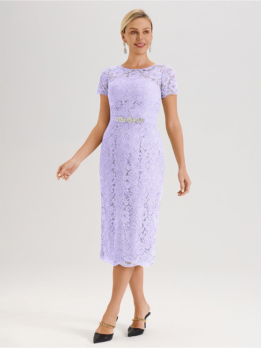 Cicinia Ensemble Lilas Avec Châle Robe Mère De La Mariée Longueur Mi-Mollet En Mousseline Dentelle Col Rond