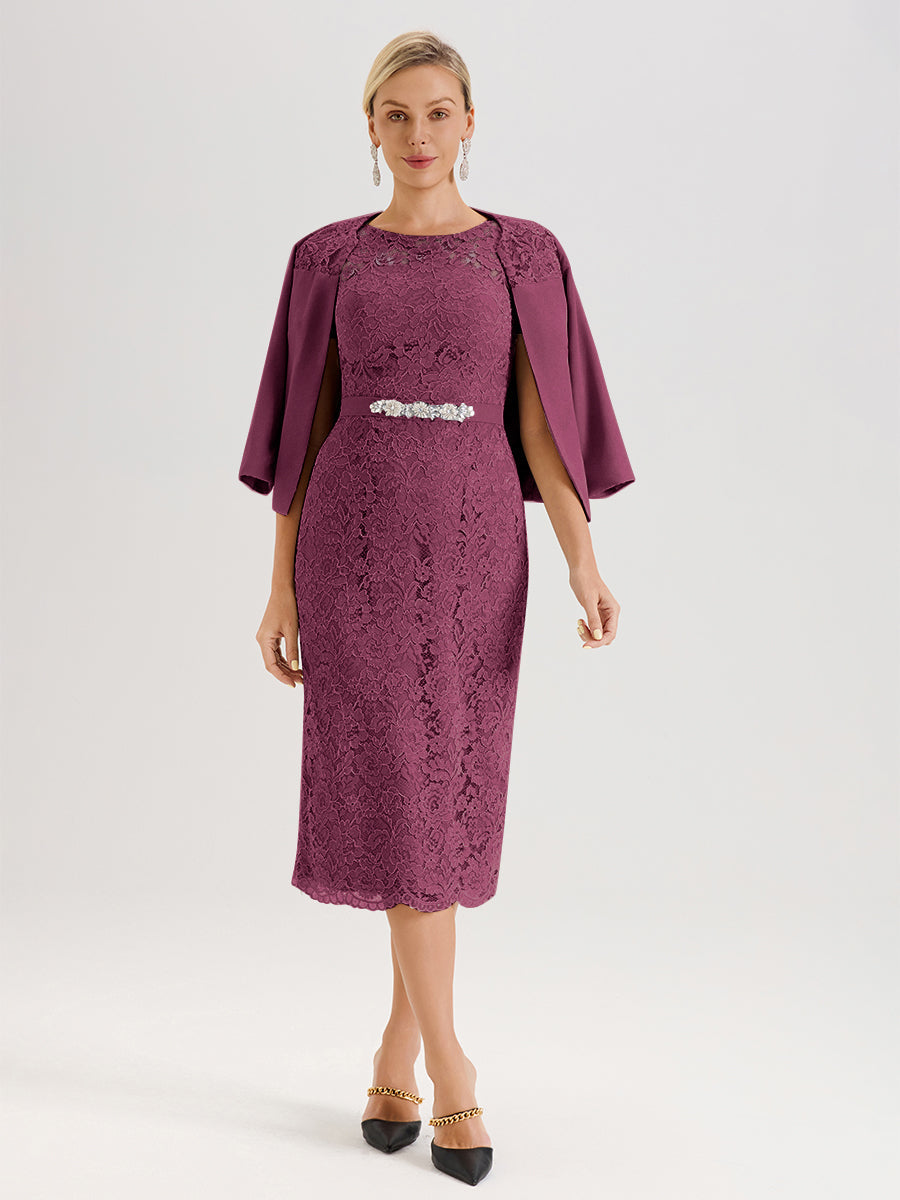 Cicinia Ensemble Mûre Avec Châle Robe Mère De La Mariée Longueur Mi-Mollet En Mousseline Dentelle Col Rond
