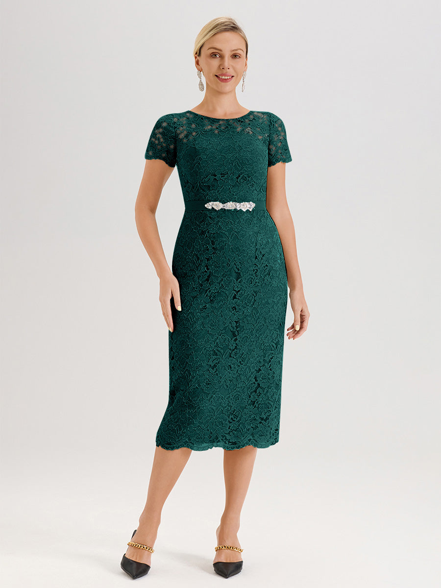 Cicinia Ensemble Paon Avec Châle Robe Mère De La Mariée Longueur Mi-Mollet En Mousseline Dentelle Col Rond