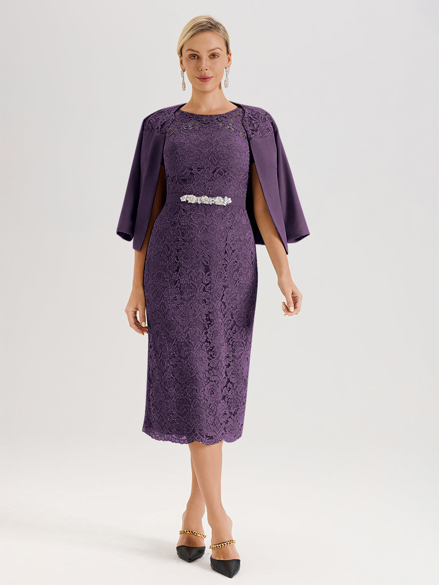 Cicinia Ensemble Plum Avec Châle Robe Mère De La Mariée Longueur Mi-Mollet En Mousseline Dentelle Col Rond