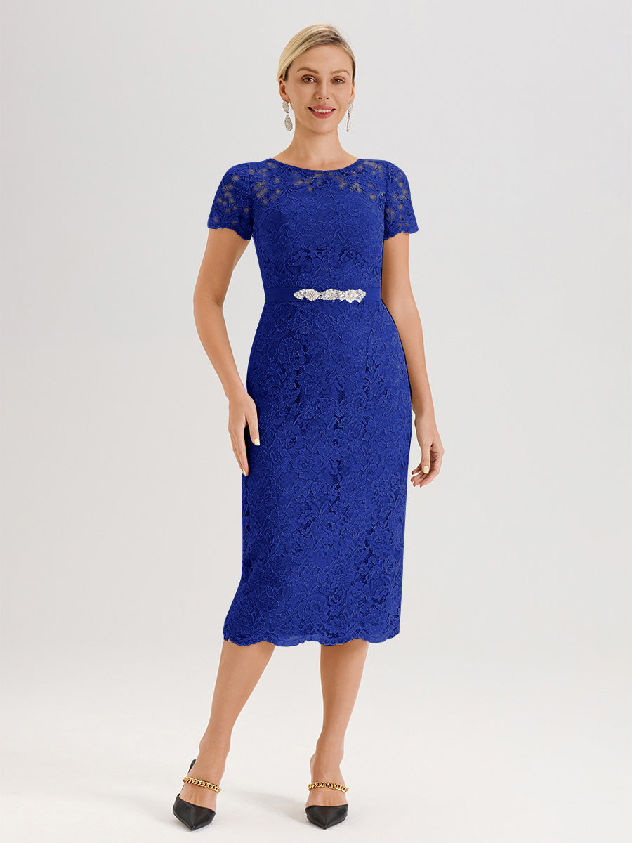 Cicinia Ensemble Bleu Royal Avec Châle Robe Mère De La Mariée Longueur Mi-Mollet En Mousseline Dentelle Col Rond