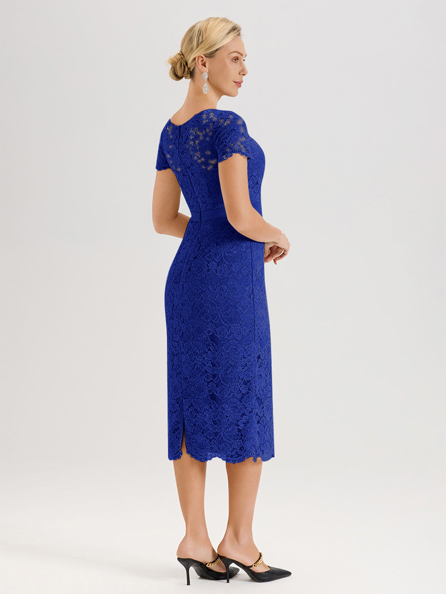 Cicinia Ensemble Bleu Royal Avec Châle Robe Mère De La Mariée Longueur Mi-Mollet En Mousseline Dentelle Col Rond