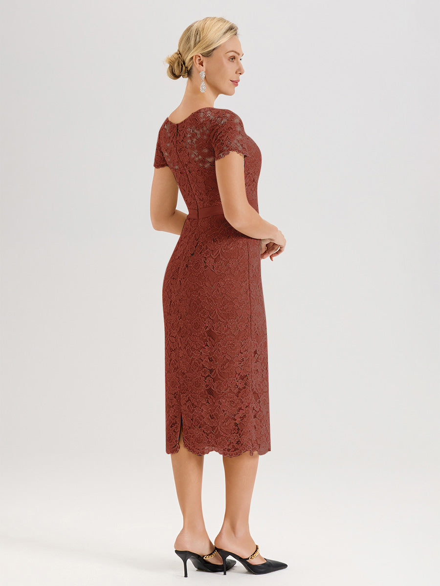 Cicinia Ensemble Rouille Avec Châle Robe Mère De La Mariée Longueur Mi-Mollet En Mousseline Dentelle Col Rond