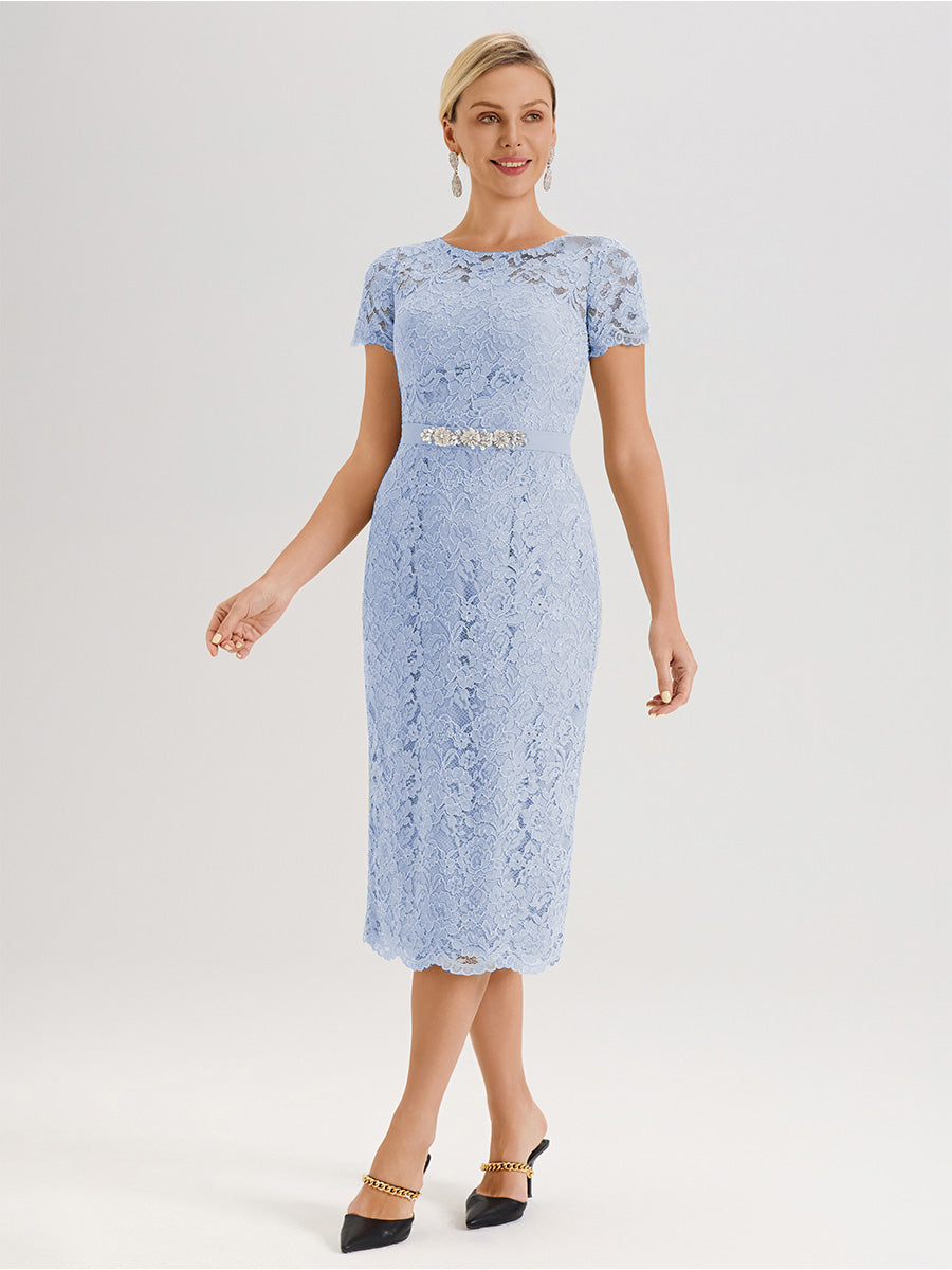 Cicinia Ensemble Bleu Ciel Avec Châle Robe Mère De La Mariée Longueur Mi-Mollet En Mousseline Dentelle Col Rond