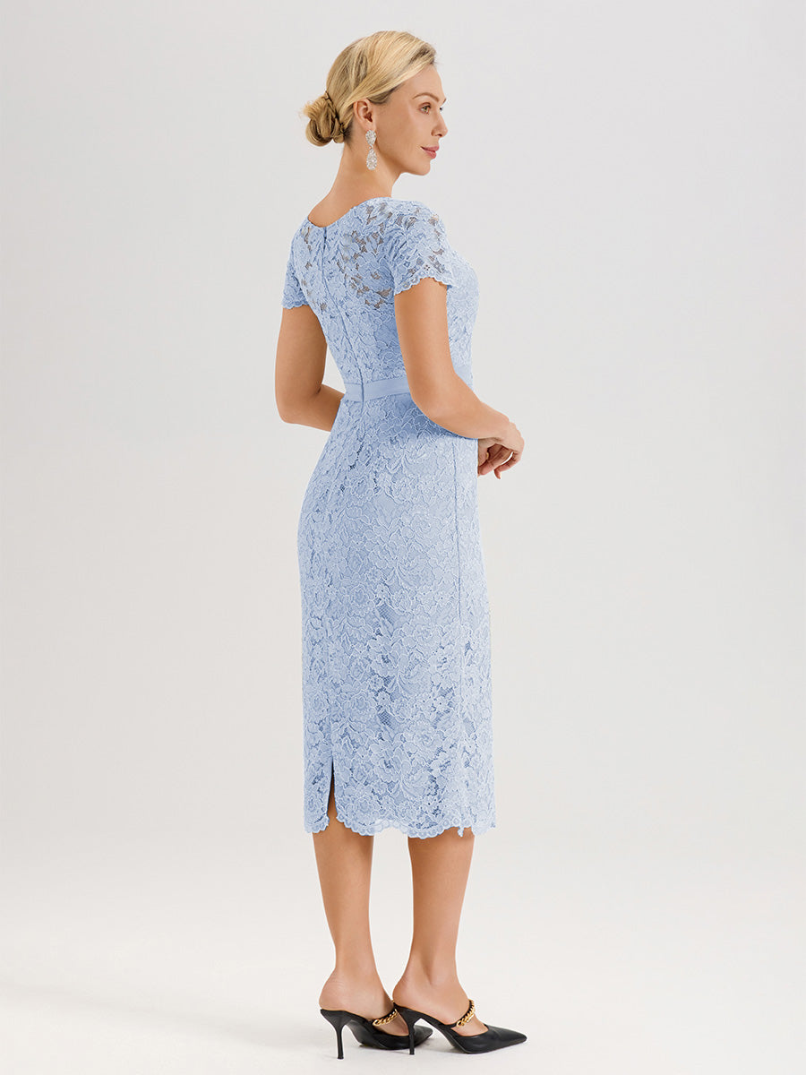 Cicinia Ensemble Bleu Ciel Avec Châle Robe Mère De La Mariée Longueur Mi-Mollet En Mousseline Dentelle Col Rond