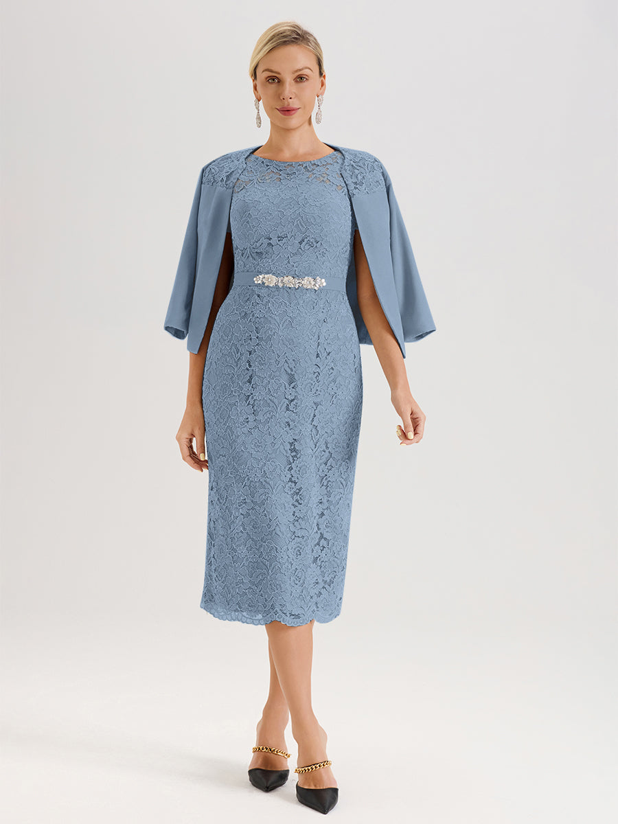 Cicinia Ensemble Bleu De Schiste Avec Châle Robe Mère De La Mariée Longueur Mi-Mollet En Mousseline Dentelle Col Rond