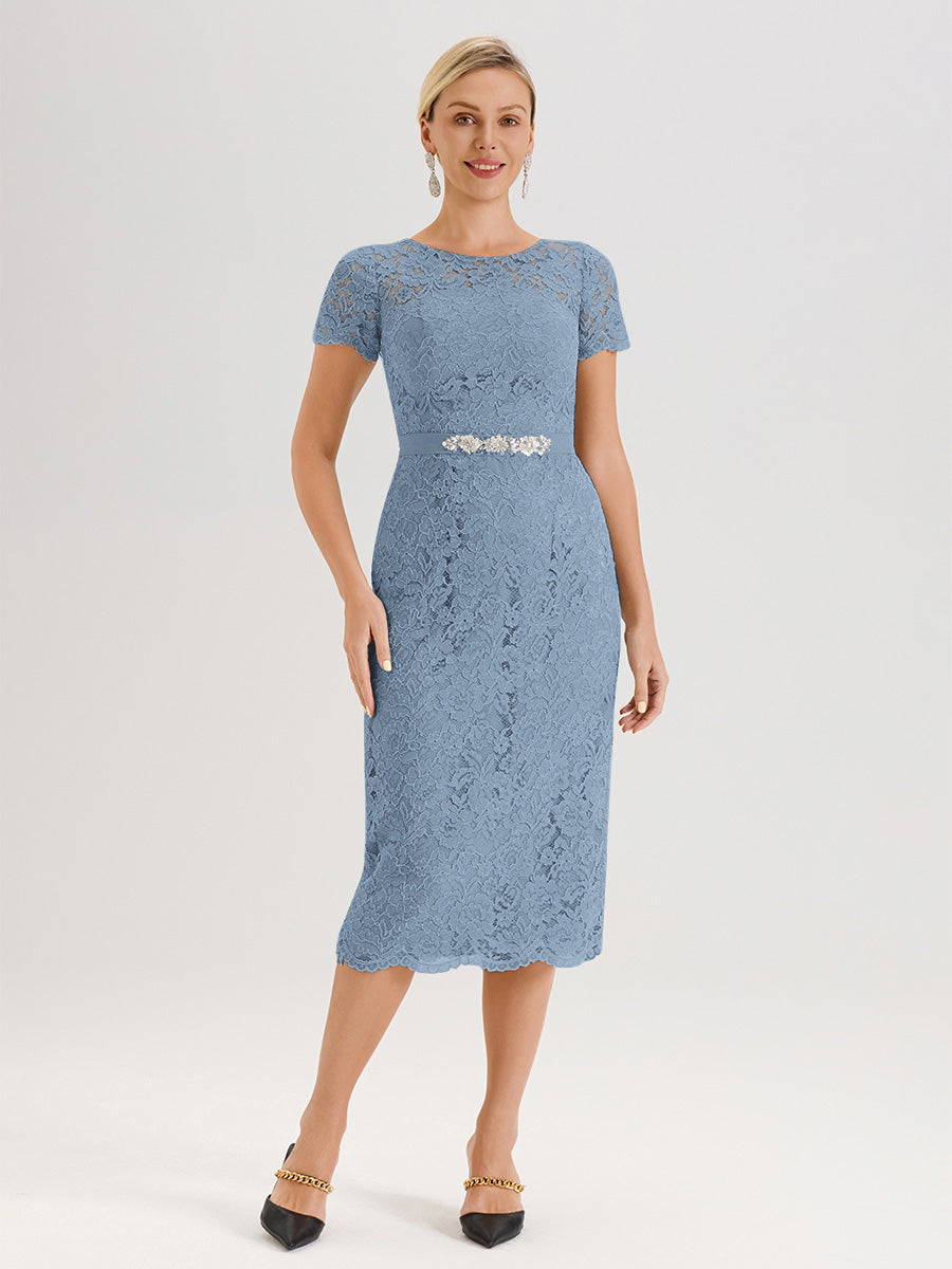Cicinia Ensemble Bleu De Schiste Avec Châle Robe Mère De La Mariée Longueur Mi-Mollet En Mousseline Dentelle Col Rond