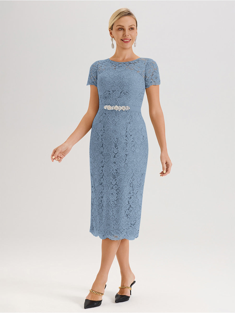 Cicinia Ensemble Bleu De Schiste Avec Châle Robe Mère De La Mariée Longueur Mi-Mollet En Mousseline Dentelle Col Rond