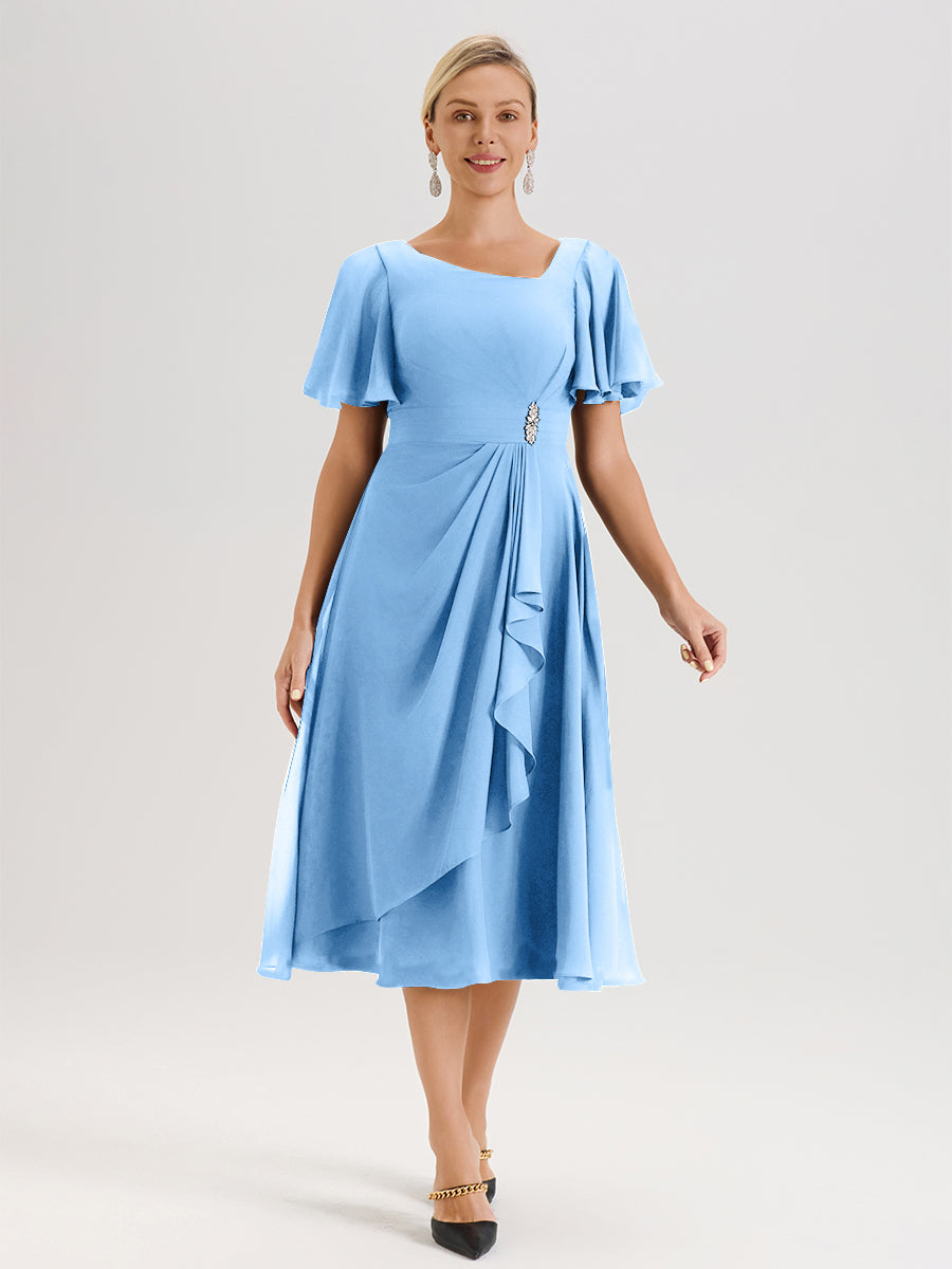 Cicinia Robe Mère De La Mariée Bleu En Mousseline Avec Encolure Irrégulière Manches Courtes Longueur Mi-Mollet