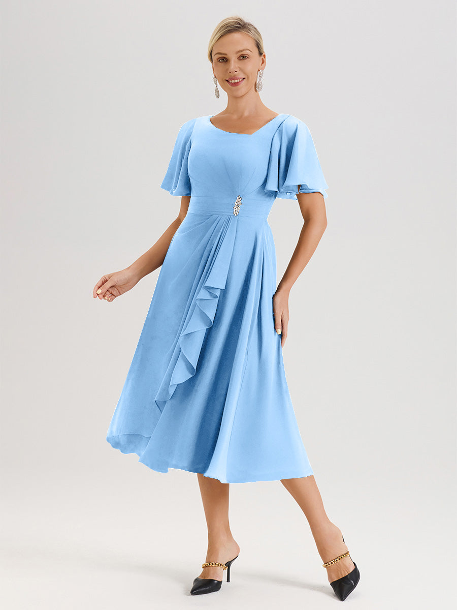 Cicinia Robe Mère De La Mariée Bleu En Mousseline Avec Encolure Irrégulière Manches Courtes Longueur Mi-Mollet