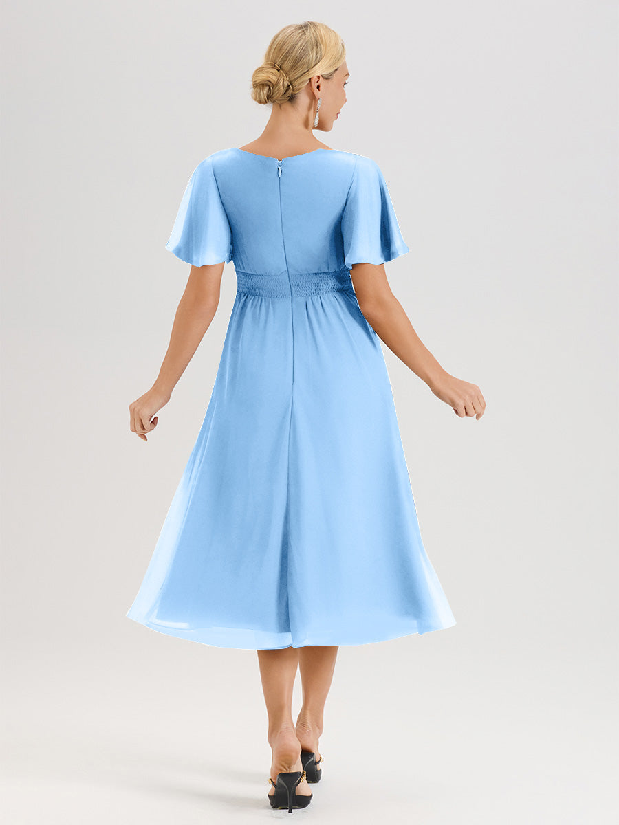 Cicinia Robe Mère De La Mariée Bleu En Mousseline Avec Encolure Irrégulière Manches Courtes Longueur Mi-Mollet