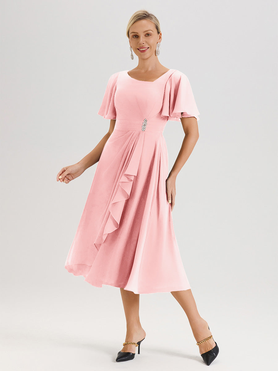 Cicinia Robe Mère De La Mariée Rose En Mousseline Avec Encolure Irrégulière Manches Courtes Longueur Mi-Mollet
