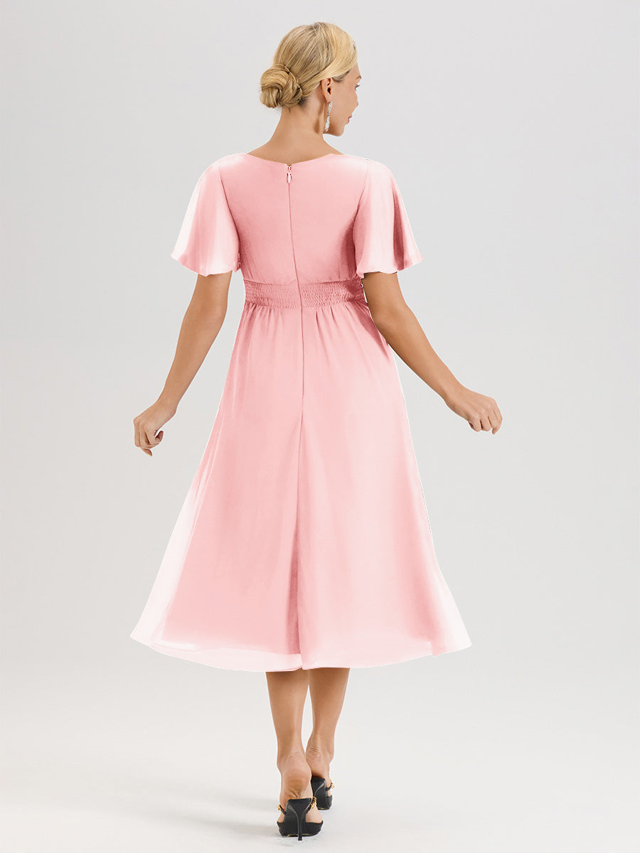 Cicinia Robe Mère De La Mariée Rose En Mousseline Avec Encolure Irrégulière Manches Courtes Longueur Mi-Mollet