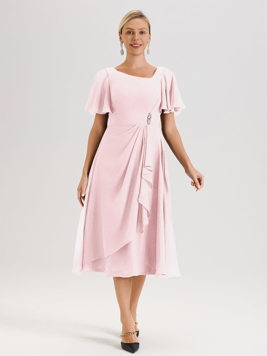 Cicinia Robe Mère De La Mariée Rose Pale En Mousseline Avec Encolure Irrégulière Manches Courtes Longueur Mi-Mollet