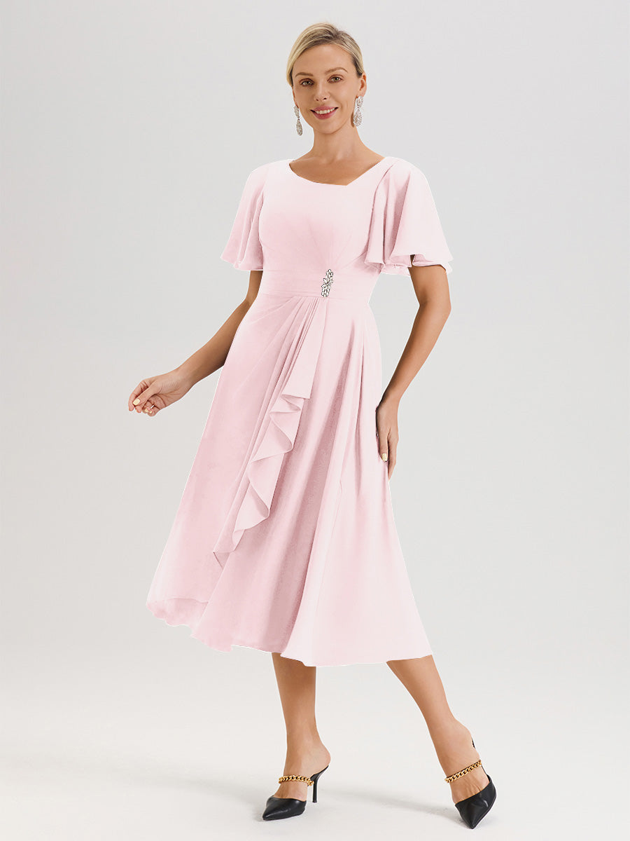 Cicinia Robe Mère De La Mariée Rose Pale En Mousseline Avec Encolure Irrégulière Manches Courtes Longueur Mi-Mollet