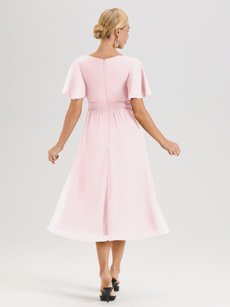 Cicinia Robe Mère De La Mariée Rose Pale En Mousseline Avec Encolure Irrégulière Manches Courtes Longueur Mi-Mollet