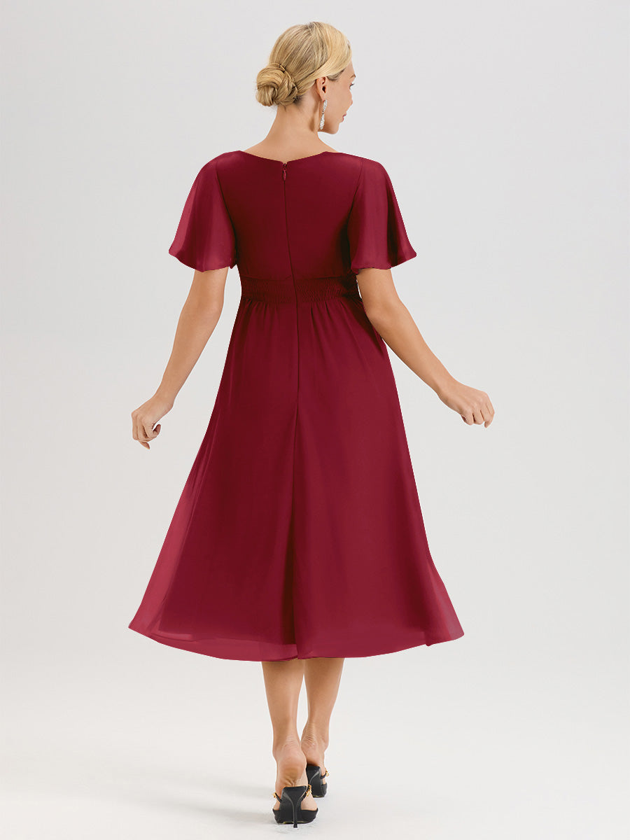 Cicinia Robe Mère De La Mariée Bordeaux En Mousseline Avec Encolure Irrégulière Manches Courtes Longueur Mi-Mollet