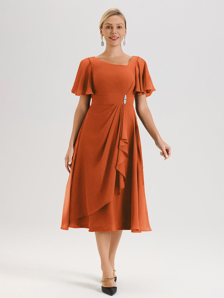 Cicinia Robe Mère De La Mariée Orange Brûlé En Mousseline Avec Encolure Irrégulière Manches Courtes Longueur Mi-Mollet