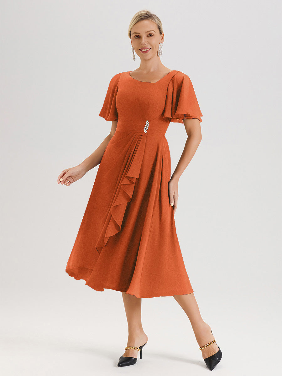 Cicinia Robe Mère De La Mariée Orange Brûlé En Mousseline Avec Encolure Irrégulière Manches Courtes Longueur Mi-Mollet