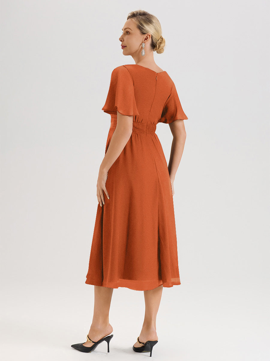 Cicinia Robe Mère De La Mariée Orange Brûlé En Mousseline Avec Encolure Irrégulière Manches Courtes Longueur Mi-Mollet