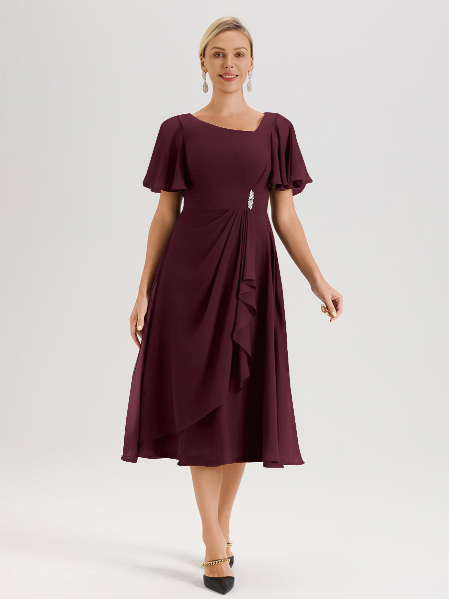 Cicinia Robe Mère De La Mariée Cabernet En Mousseline Avec Encolure Irrégulière Manches Courtes Longueur Mi-Mollet