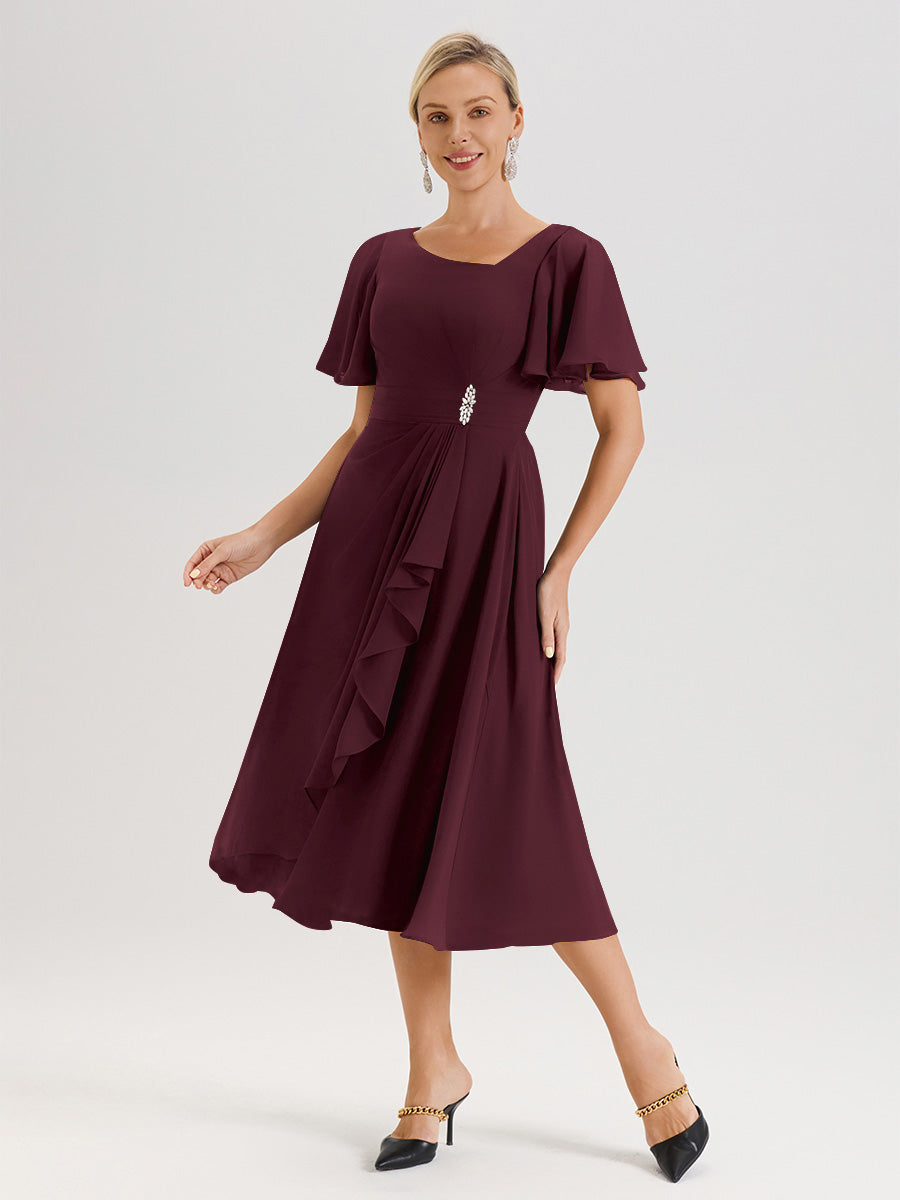 Cicinia Robe Mère De La Mariée Cabernet En Mousseline Avec Encolure Irrégulière Manches Courtes Longueur Mi-Mollet