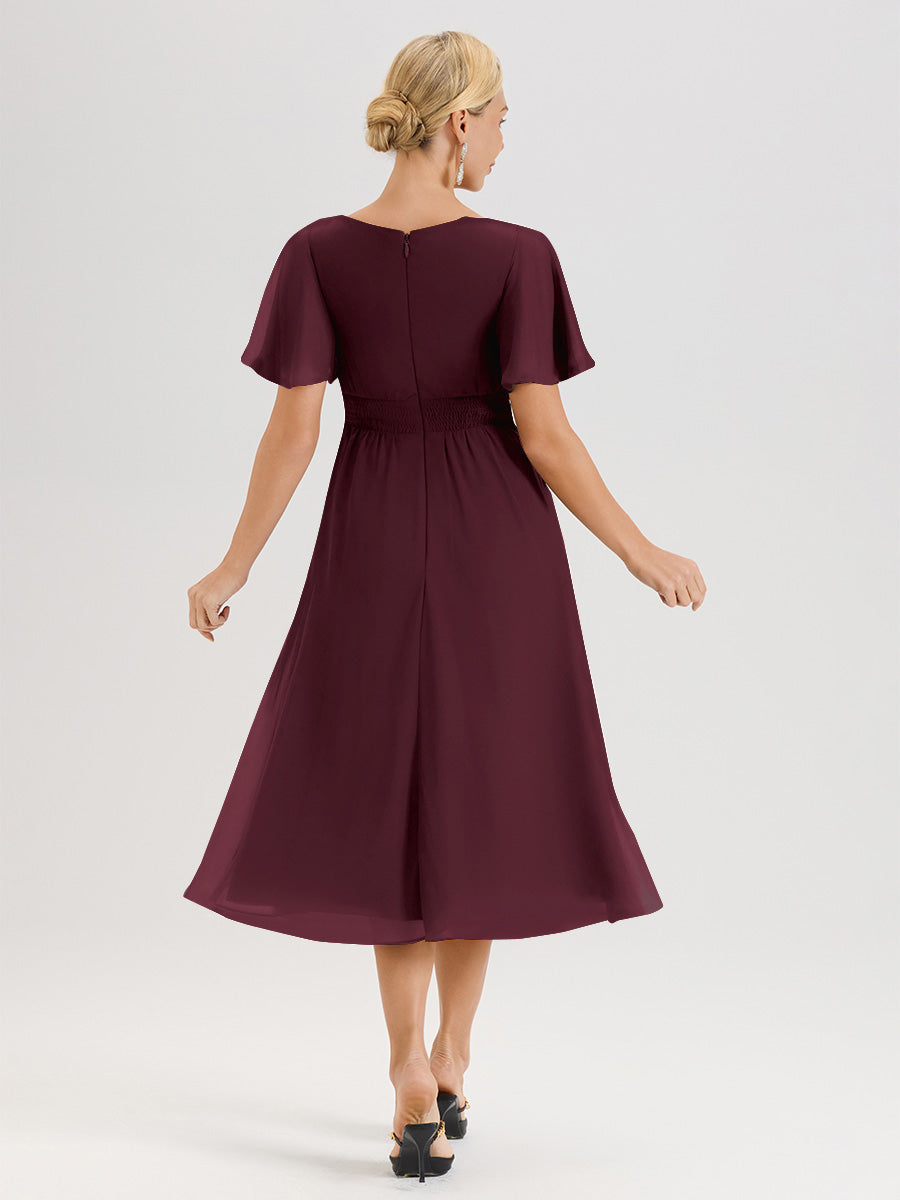 Cicinia Robe Mère De La Mariée Cabernet En Mousseline Avec Encolure Irrégulière Manches Courtes Longueur Mi-Mollet
