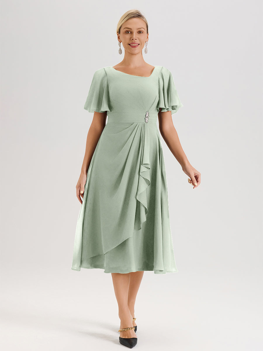 Cicinia Robe Mère De La Mariée Celadon En Mousseline Avec Encolure Irrégulière Manches Courtes Longueur Mi-Mollet