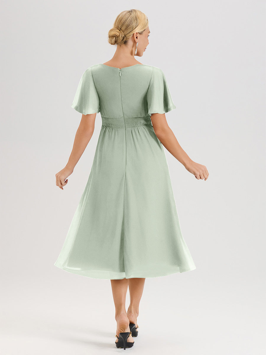 Cicinia Robe Mère De La Mariée Celadon En Mousseline Avec Encolure Irrégulière Manches Courtes Longueur Mi-Mollet