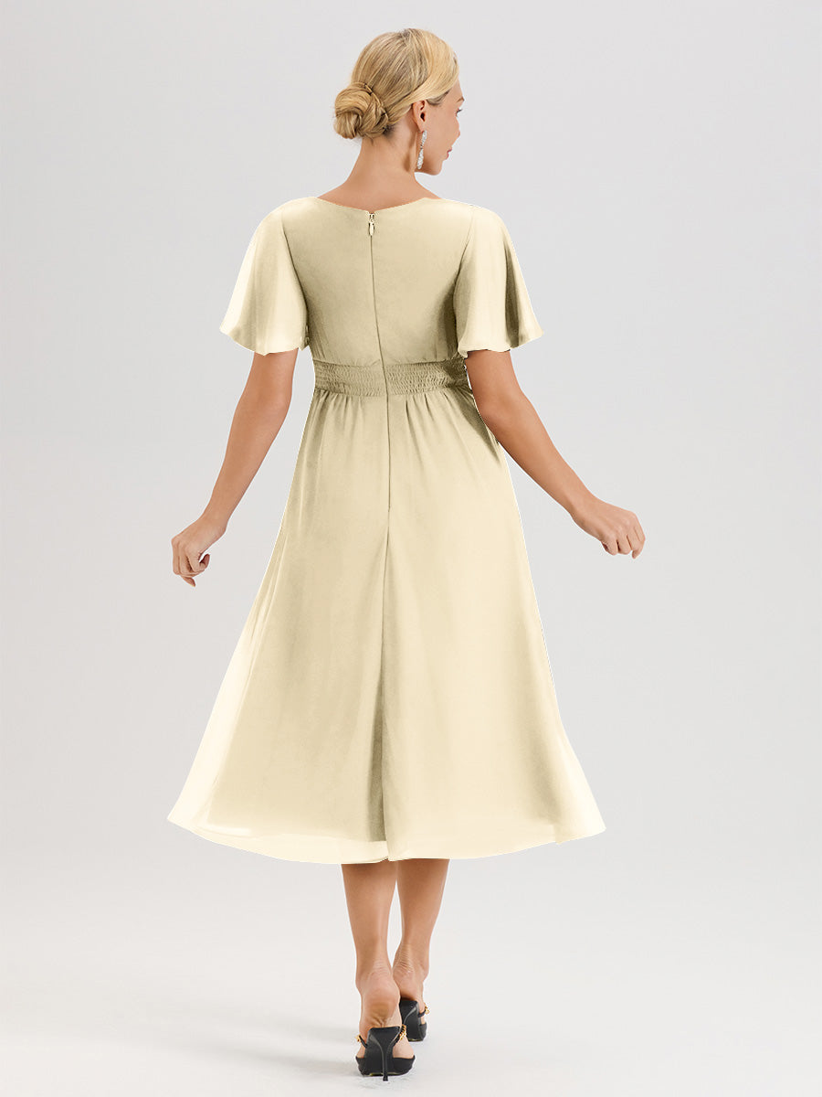 Cicinia Robe Mère De La Mariée Couleur Champagne En Mousseline Avec Encolure Irrégulière Manches Courtes Longueur Mi-Mollet