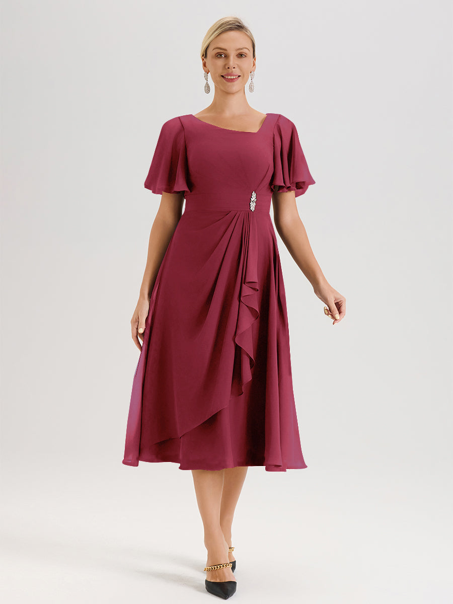 Cicinia Robe Mère De La Mariée Couleur Rose Cannelle En Mousseline Avec Encolure Irrégulière Manches Courtes Longueur Mi-Mollet