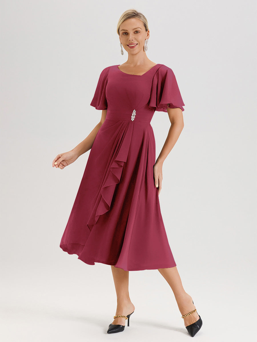 Cicinia Robe Mère De La Mariée Couleur Rose Cannelle En Mousseline Avec Encolure Irrégulière Manches Courtes Longueur Mi-Mollet