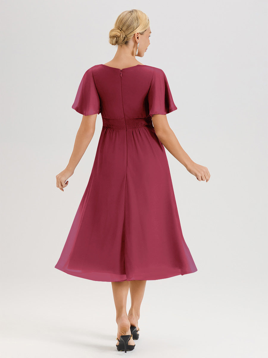 Cicinia Robe Mère De La Mariée Couleur Rose Cannelle En Mousseline Avec Encolure Irrégulière Manches Courtes Longueur Mi-Mollet