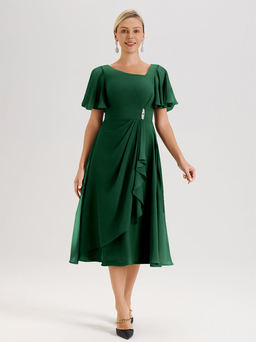 Cicinia Robe Mère De La Mariée Vert Foncé En Mousseline Avec Encolure Irrégulière Manches Courtes Longueur Mi-Mollet