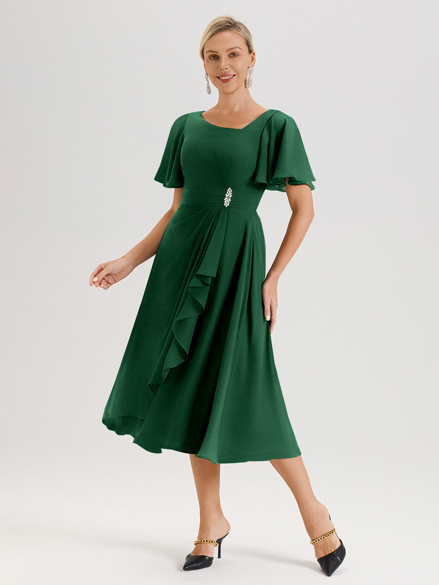 Cicinia Robe Mère De La Mariée Vert Foncé En Mousseline Avec Encolure Irrégulière Manches Courtes Longueur Mi-Mollet