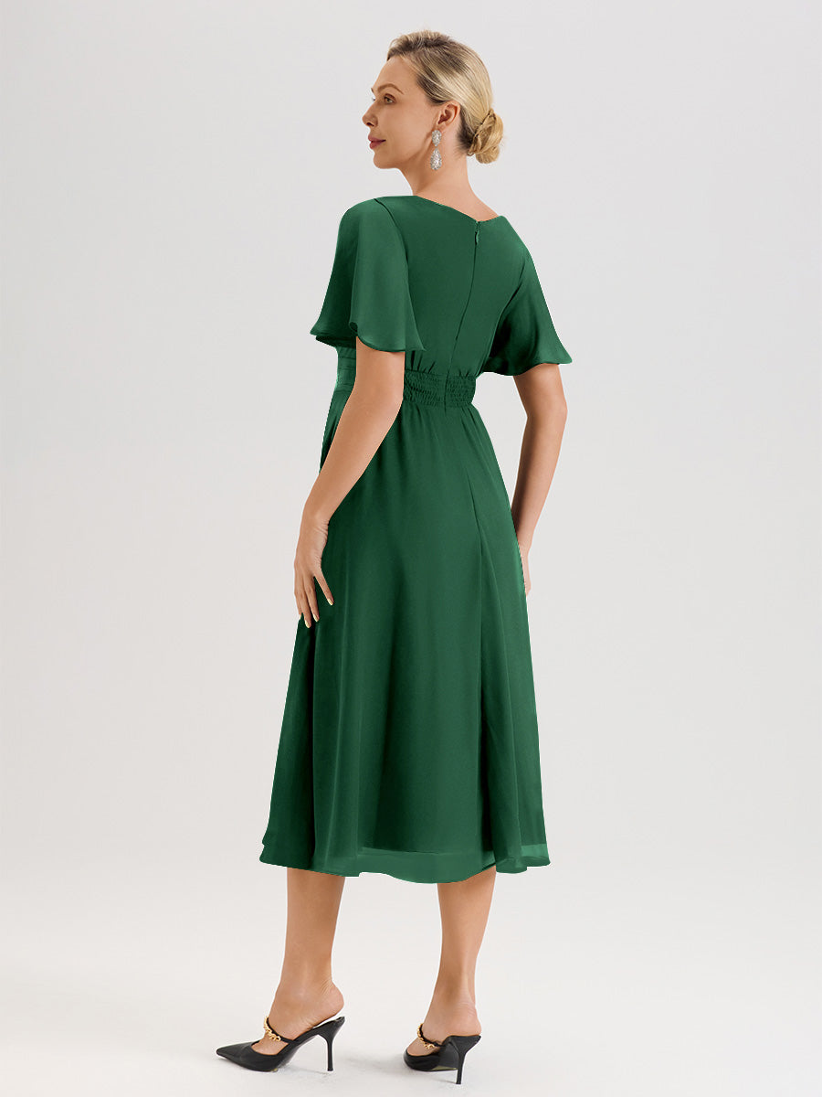 Cicinia Robe Mère De La Mariée Vert Foncé En Mousseline Avec Encolure Irrégulière Manches Courtes Longueur Mi-Mollet