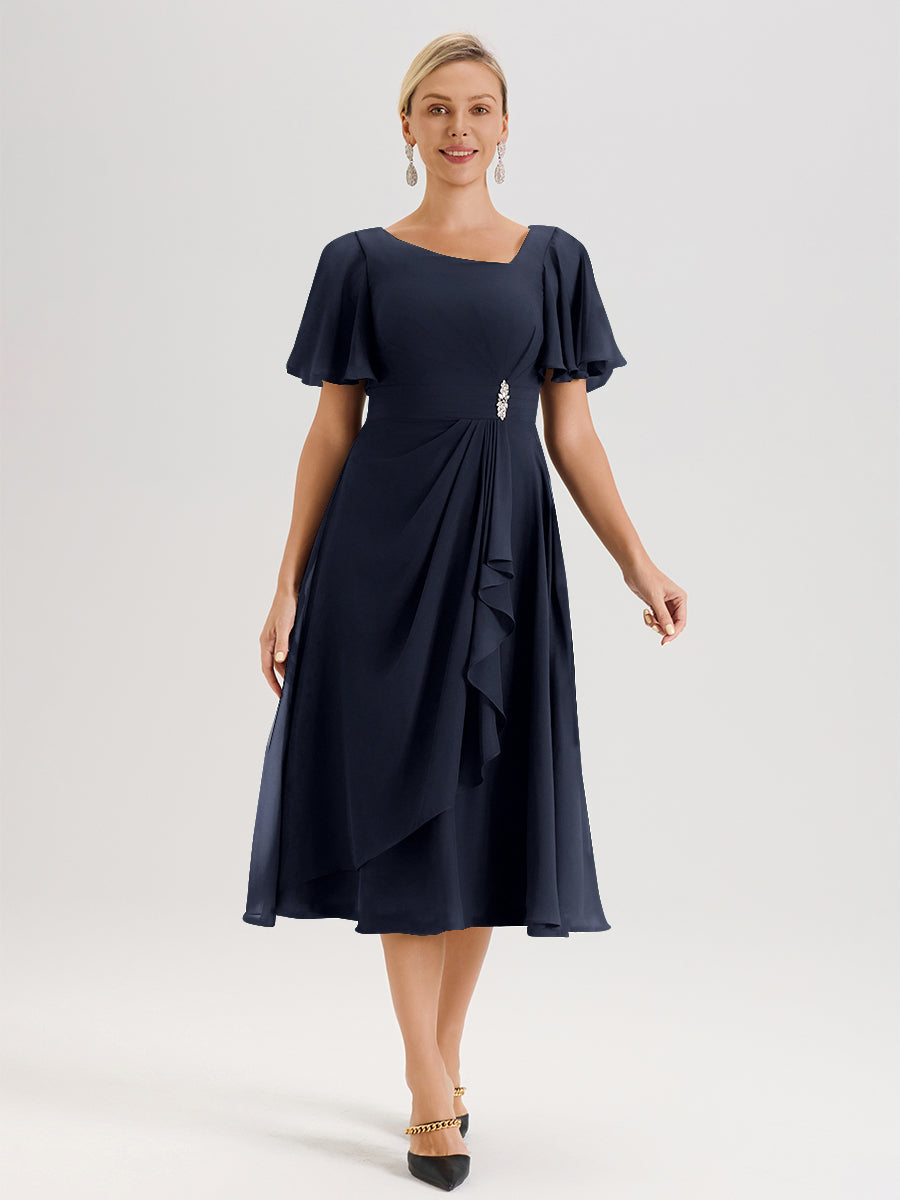 Cicinia Robe Mère De La Mariée Bleu Marine En Mousseline Avec Encolure Irrégulière Manches Courtes Longueur Mi-Mollet